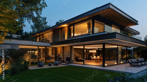 Modern house with outdoor and indoor lighting at night