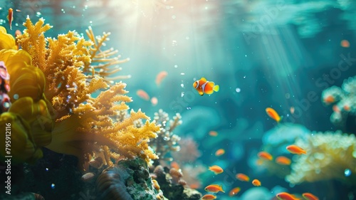 Tropical fish swimming near vibrant coral under sunlit water
