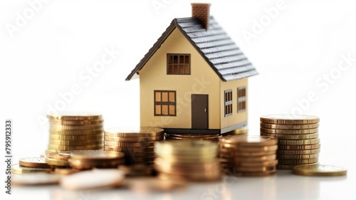 Miniature house surrounded by increasing stacks of coins on white background