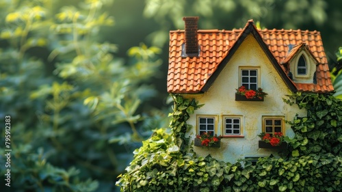 Miniature house covered with ivy in natural daylight photo