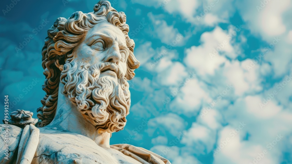 Ancient Greek statue of bearded male against blue sky