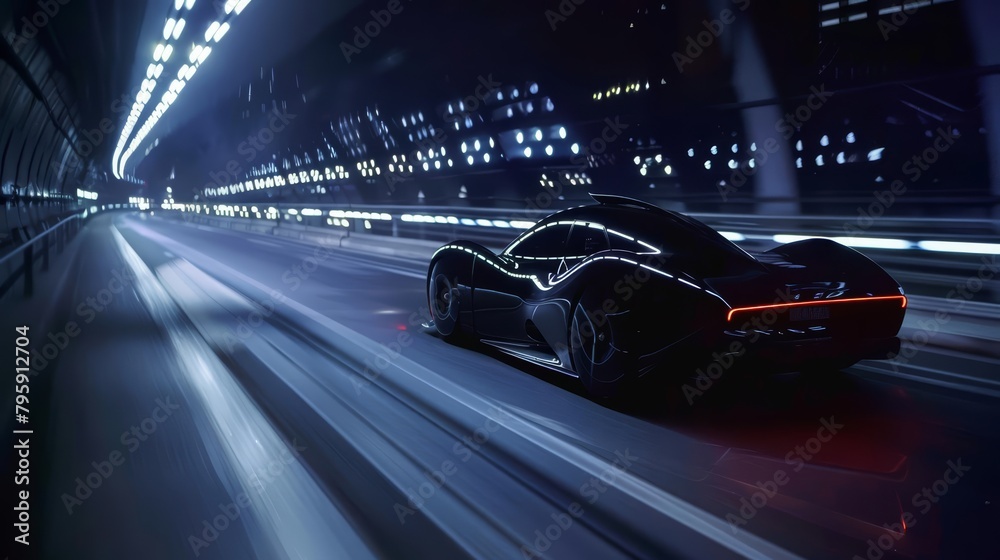 An elegant black vehicle gliding swiftly through the dimly lit highway at night