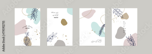 草木のベクターイラスト背景。アースカラーの韓国風おしゃれな背景。線画の草木イラスト。Vector illustration background of plants and trees. Stylish background in earth color Korean style. Line drawing grass and trees illustration. 