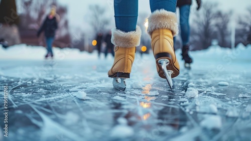 Close-up of ice skates on frozen pond with people photo