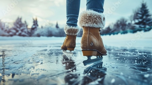 Person walking on frozen surface in winter boots