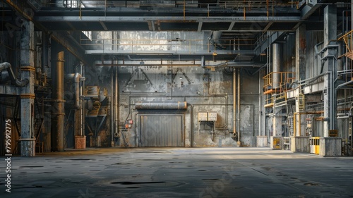 Industrial interior with metal structures, large doors, and pipes photo