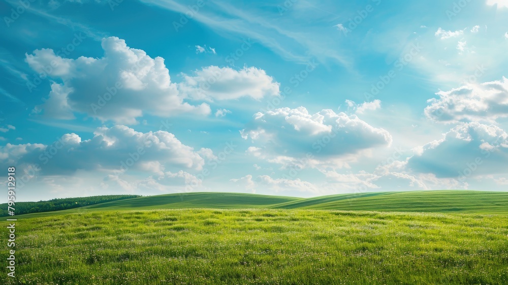 Lush green hills under vibrant blue sky dotted with white clouds