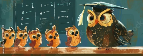 An owl in a graduation cap discusses physics with enthusiastic chicks in a retrostyle classroom cartoon