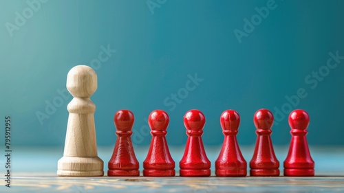 Solitary white pawn facing row of red pawns on chessboard with blue background photo