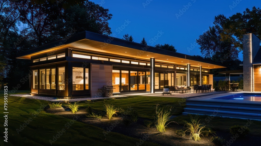 Modern house with outdoor and indoor lighting at night