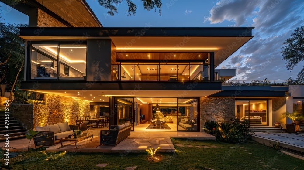 Modern house with outdoor and indoor lighting at night