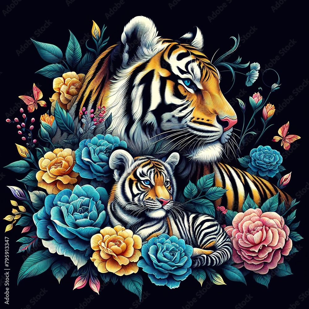 custom made wallpaper toronto digitalFloral artistic image of black background blue yellow magenta green tiger with her baby, mother day concept