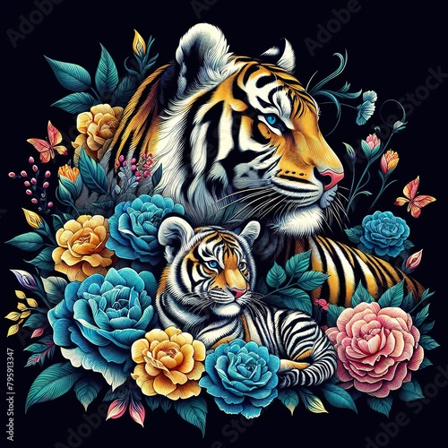 Floral artistic image of black background blue yellow magenta green tiger with her baby  mother day concept