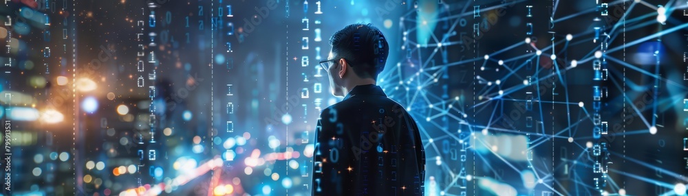 Fototapeta premium Businessman connect Command prompt Visualize the seamless connection between businessmen and AI through the use of command prompts in a digital setting