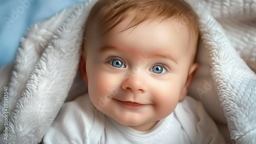 Cute baby boy with blue eyes smiling, AI Generative.