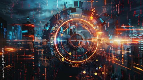 Futuristic cyber city with dynamic interface - A cutting-edge visualization of a cybernetic cityscape with a complex interface signifies technology s advancement