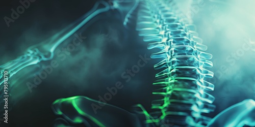 Human spine illuminated with blue and green lights - A dramatic and visually striking image of the human spine, bathed in mysterious blue and green lights emphasizing its crucial role and the beauty o
