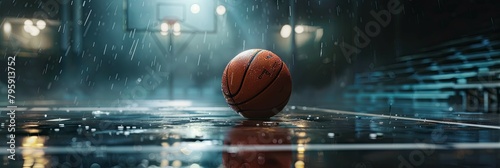 Basketball on wet court during a rainy night - A dramatic image of a solitary basketball on a reflective wet court with rain falling under a streetlight's glow