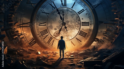 Man approaching an immense shattered clock - A lone figure approaches a shattered gigantic clock depicting the fleeting and fragile nature of time