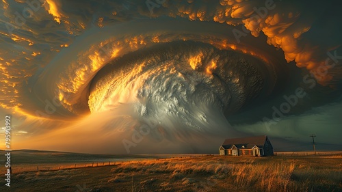 House Under a Giant Swirling Cloud Formation - A lone house sits under an apocalyptic-like swirling cloud formation during a sunset in a vast field photo