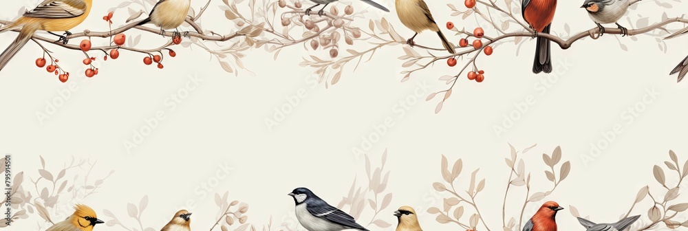 Fototapeta premium Birds perched on branches with red berries - A seamless pattern depicting various birds perched gracefully on tree branches adorned with red berries against a neutral background