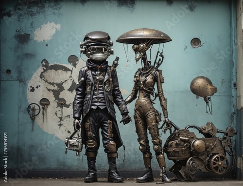 Grunge steampunk style robotic creatures couple of friends machine based wearing helmets and grungy clothes
