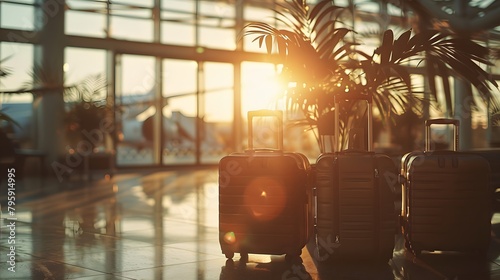 A photo captures suitcases and travel bags inside an airport, bathed in sunlight streaming through large windows, with a white airplane visible in the front.