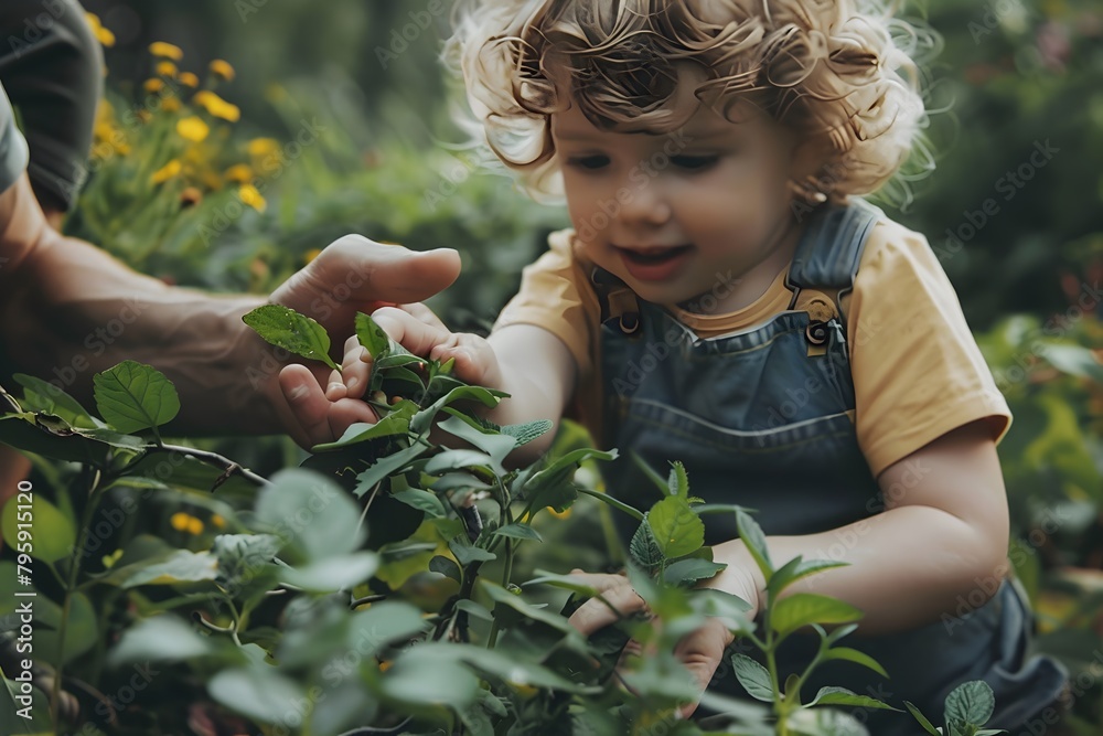 A young child is playing in a garden with a person. The child is holding a leaf and the person is holding the child's hand. Scene is playful and lighthearted A young child is playing in a garden with a person. The child is holding a leaf and the person is holding the child's hand. Scene is playful and lighthearted