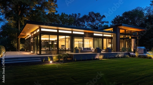 Modern house with outdoor and indoor lighting at night © jongaNU