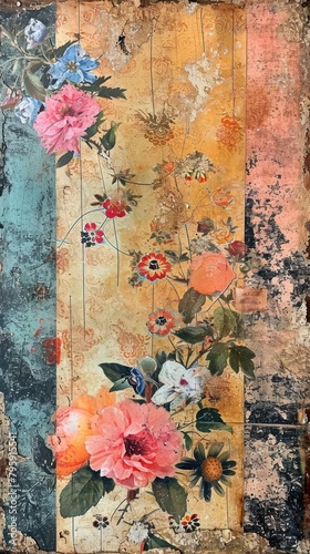 Vintage wallpaper painting collage flower.