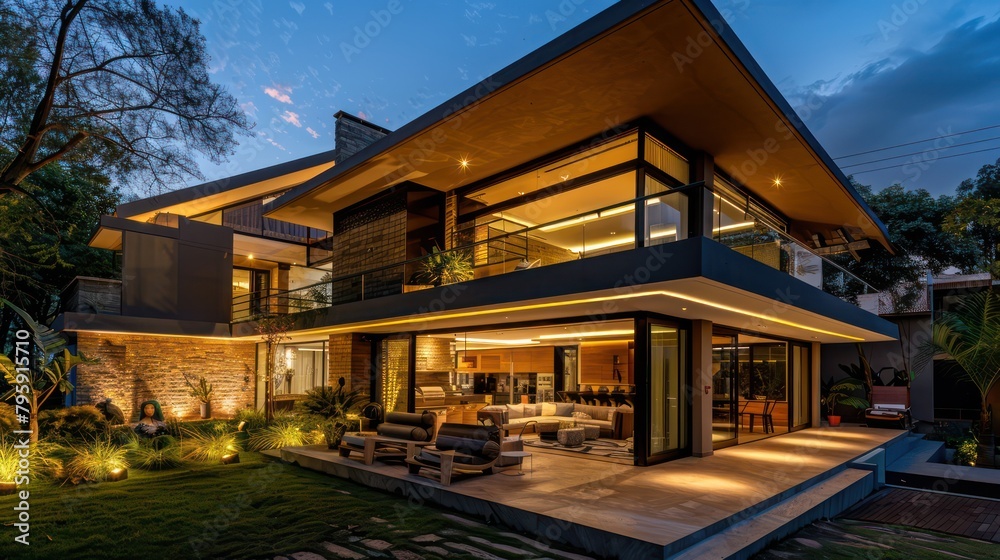 Modern house with outdoor and indoor lighting at night