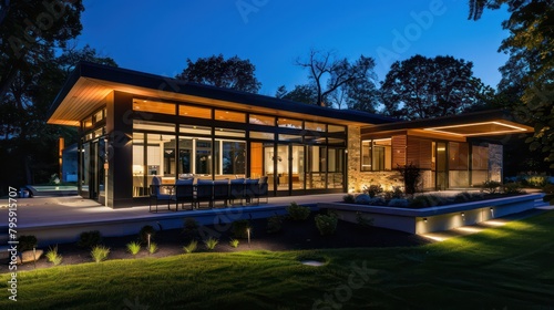 Modern house with outdoor and indoor lighting at night © jongaNU