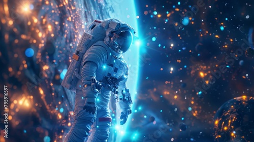 astronaut looks at new civilization in space. blue and gold colors. blue planet photo