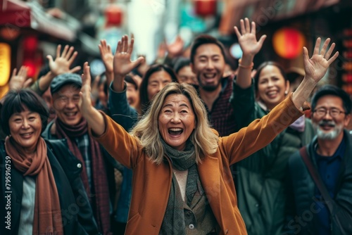 Group of happy people walking in the street in Tokyo, Japan.
