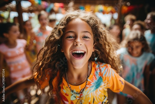 Summer Children's Portrait: a vivid image of a joyful child spending time at summer camp, surrounded by games, adventure and camaraderie, captured on canvas with cheerful colors.