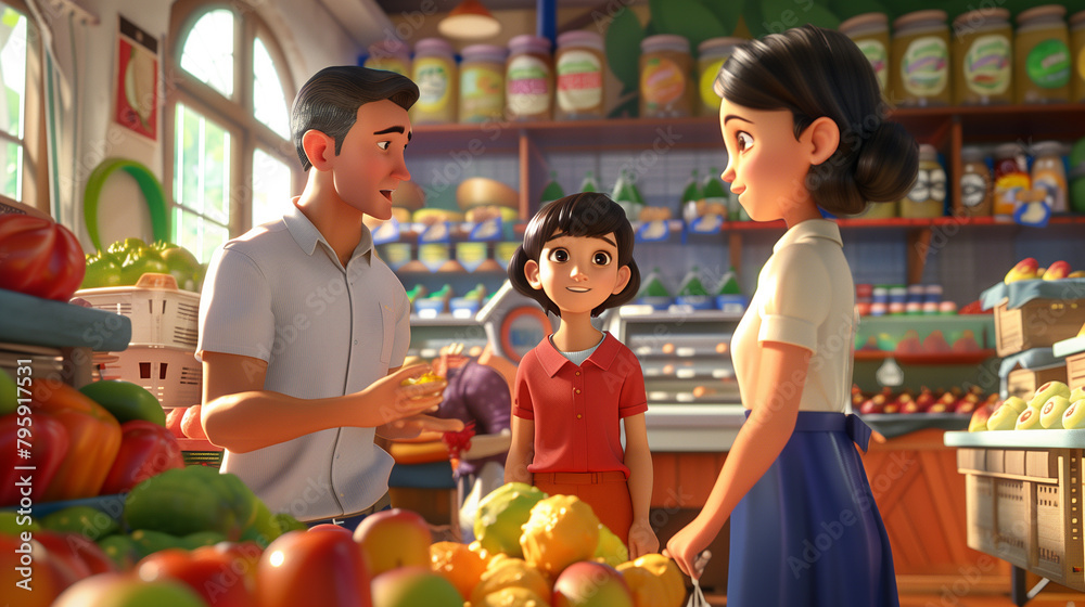 Family shopping together buying fruit or organic vegetable at grocery store or fresh market. Enjoy outdoor lifestyle travel in the city on summer vacation. Cartoon character. Family shopping together buying fruit or organic vegetable at grocery store or fresh market. Enjoy outdoor lifestyle travel in the city on summer vacation. Cartoon character.