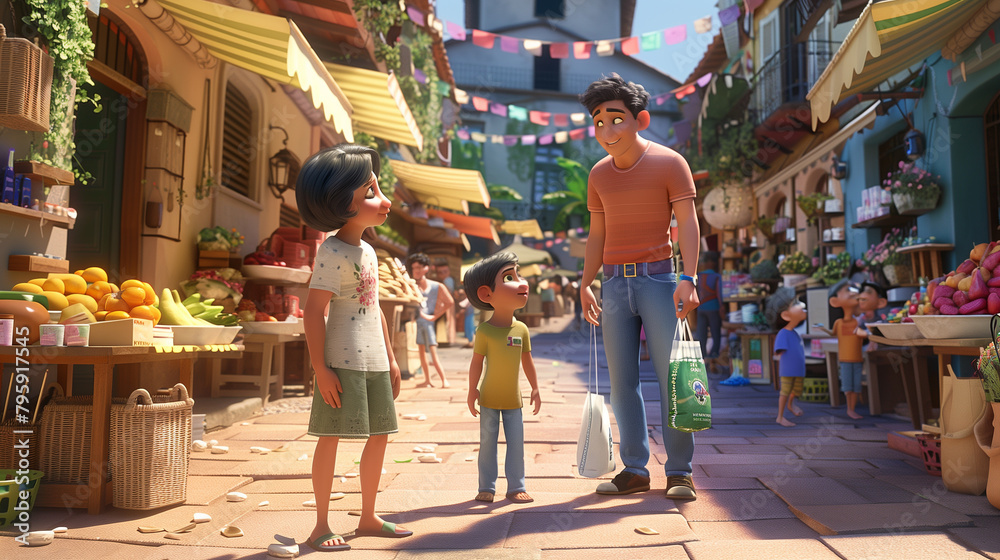 Family shopping together buying fruit or organic vegetable at grocery store or fresh market. Enjoy outdoor lifestyle travel in the city on summer vacation. Cartoon character.