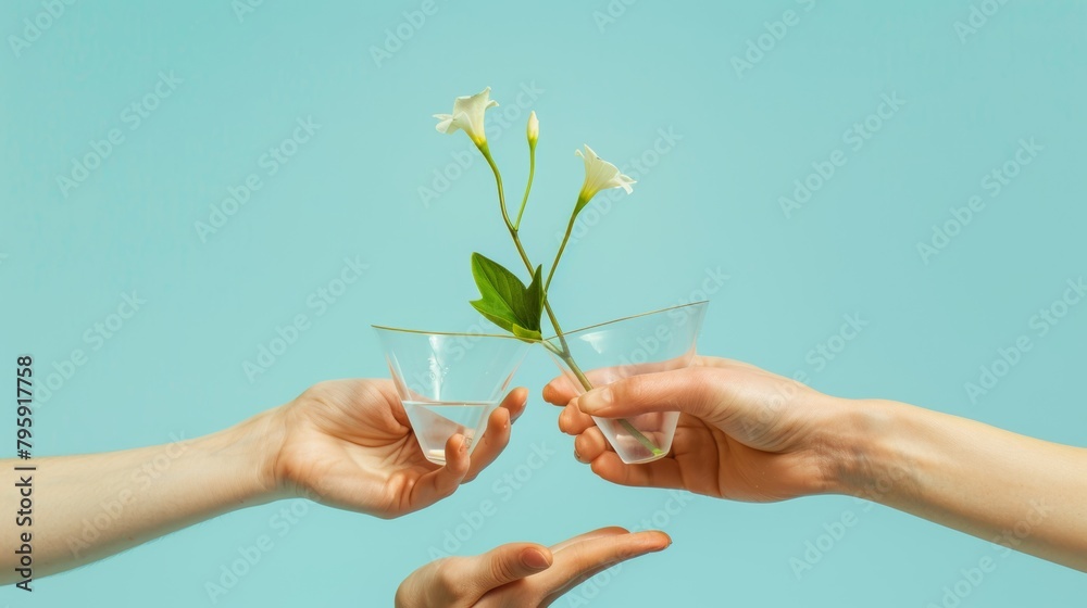 human hands with green funnel water plants at blue minimalistic background
