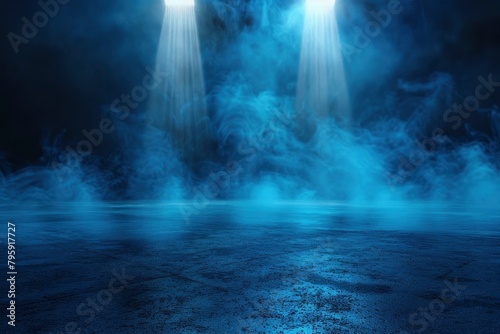 Rays, spotlights light. Empty dark scene with blue light. Asphalt blue dark street with smoke - generative ai