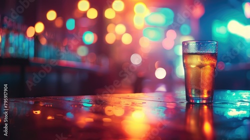 Glass of beverage on bar counter with colorful bokeh lights in background photo