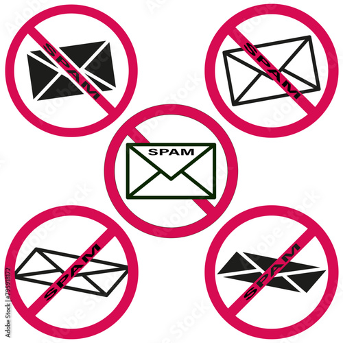 Anti-spam email icons set. Prohibited message symbols. Internet security concept. Color and black design. Vector illustration. EPS 10.