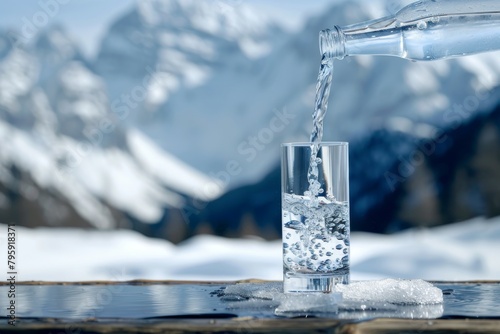 Water from bottle poured into glass against snow and mountains