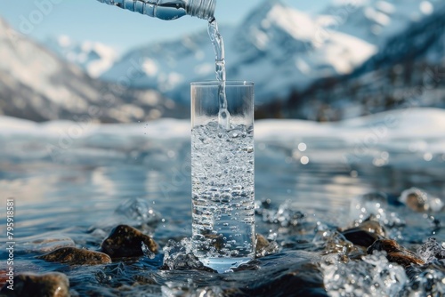 Water from bottle poured into glass against snow and mountains