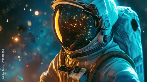 astronaut looks at new civilization in space. blue and gold colors. blue planet