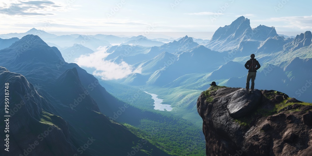 Ambition aspiration success high achievement determination motivation leadership concept. Reaching goals, targets. Silhouette of a lone hiker on a mountain peak at sunrise. Adventure and exploration