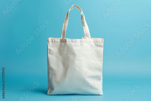 A white canvas bag is sitting on a blue background