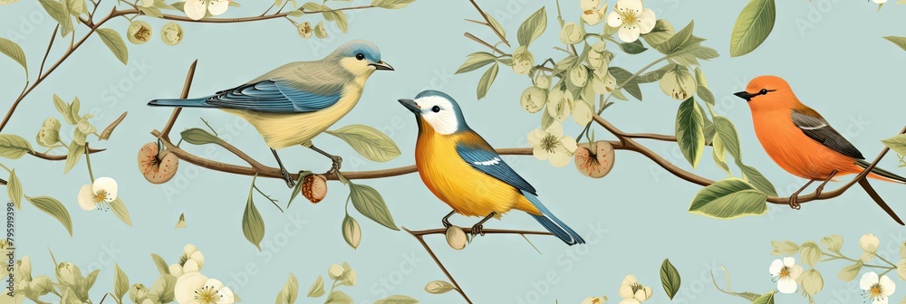 Bluebird, warbler and robin on floral branches - Serene portrayal of colorful birds such as bluebirds and robins mingling among delicate floral branches against a pastel blue background