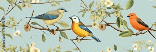 Bluebird  warbler and robin on floral branches - Serene portrayal of colorful birds such as bluebirds and robins mingling among delicate floral branches against a pastel blue background