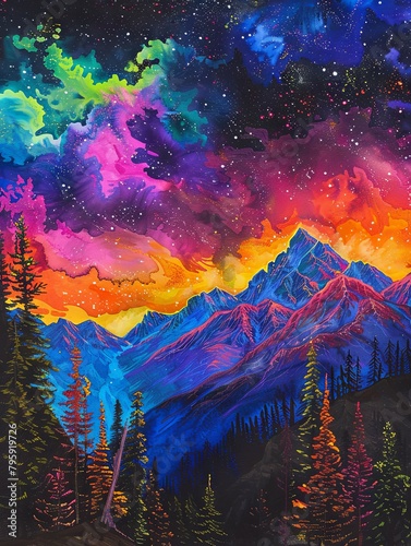 Psychedelic mountain and forest illustration - This is a vividly colored illustration of mountains, a night sky with cosmic elements, and a pine forest