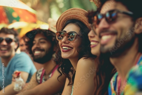 Group of friends having fun at a music festival in the city.